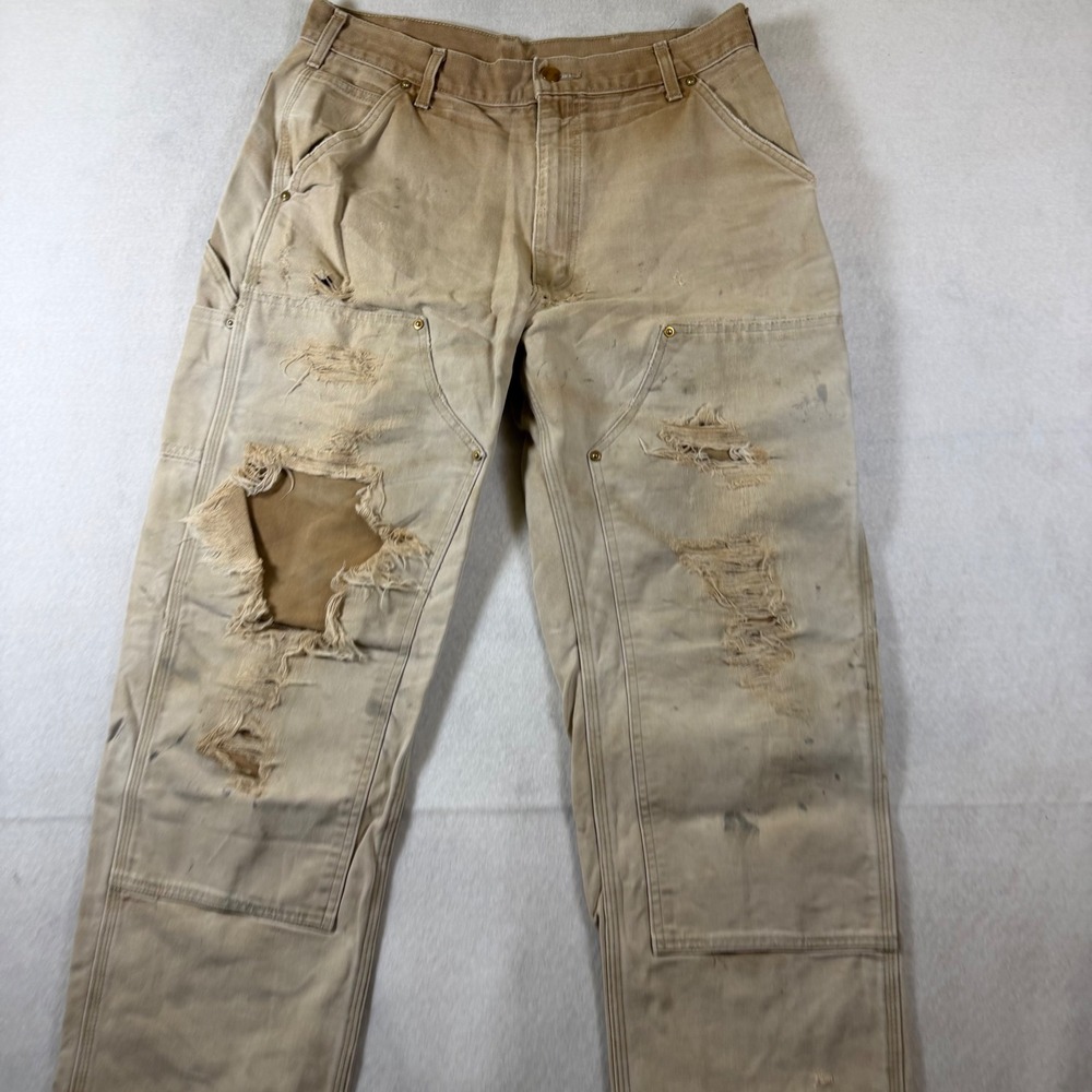 Vintage Carhartt Double Knee Work Pants Tan Made in USA 34x32 Distressed Thrash - Picture 1 of 6